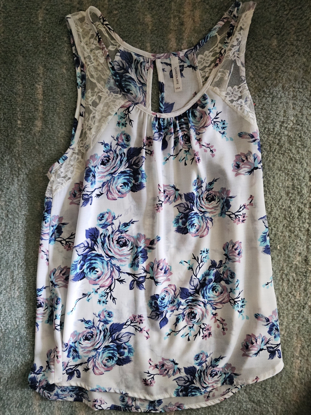 Chocolate Floral Lace-Yoke Tank Top - White with Blue & Pink Roses